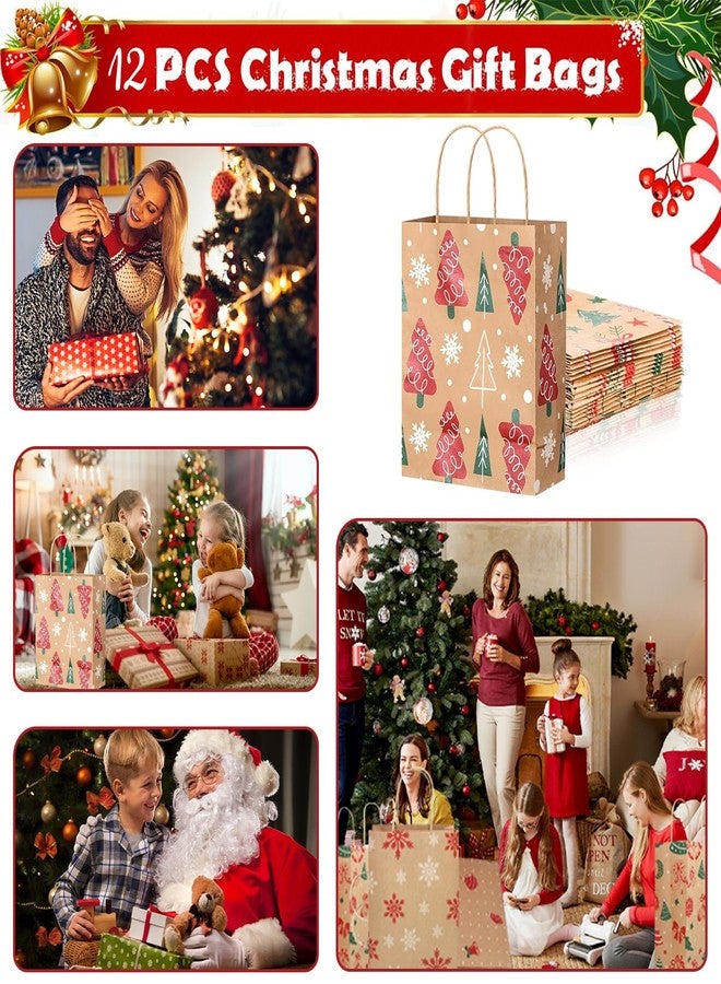 Jenleestar Christmas Gift Bags, 12pcs Reusable Sturdy Holiday Gift Wrapping Bags with Handles, Brown Kraft Paper, 7.3"×3.3"×9.1", Assorted Patterns for Xmas Presents, Classrooms and Party Favors - Image 3